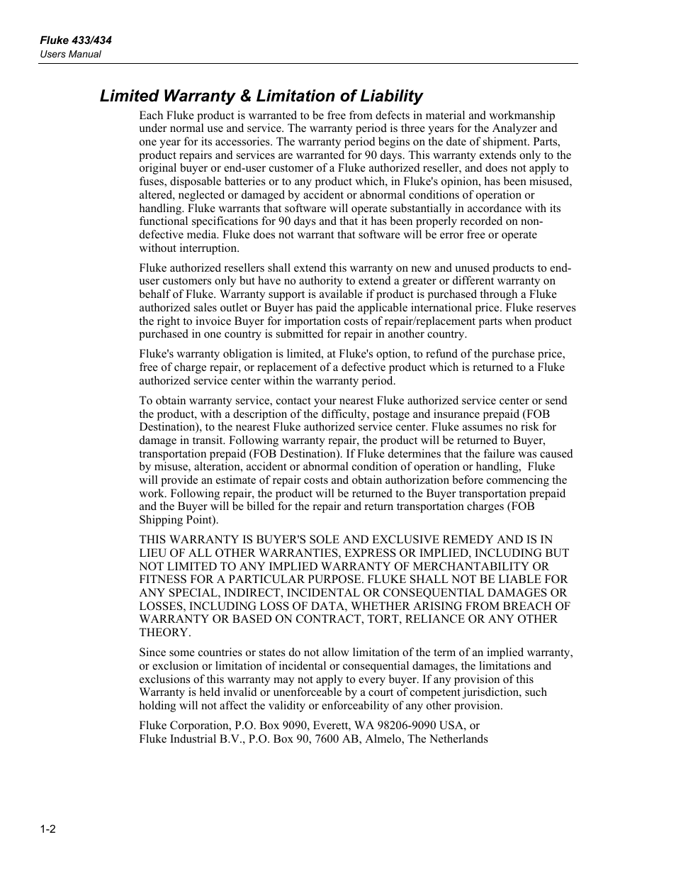 Limited warranty, Limited warranty & limitation of liability | Fluke 434 User Manual | Page 8 / 122