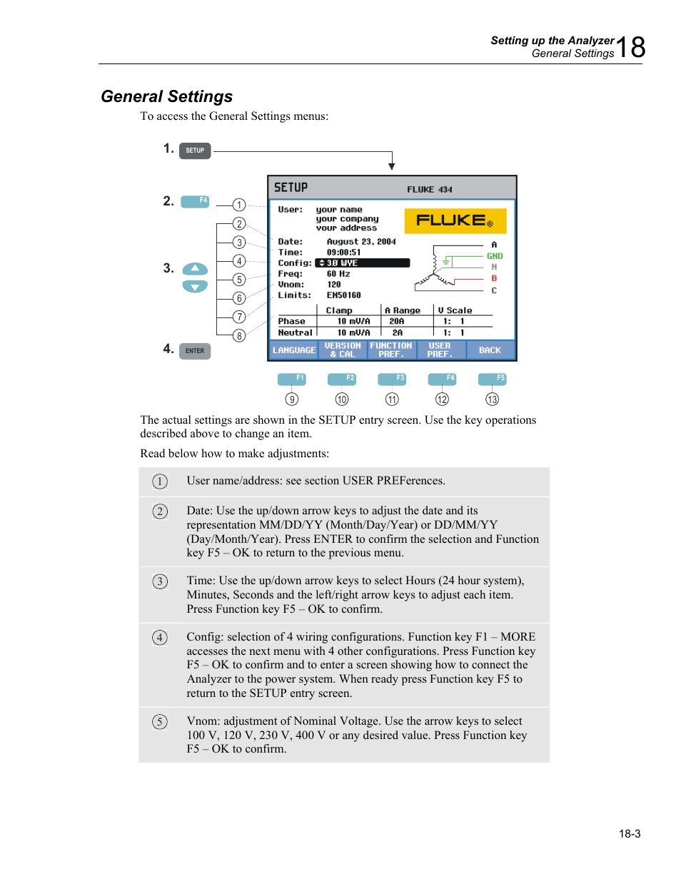 General settings | Fluke 434 User Manual | Page 81 / 122
