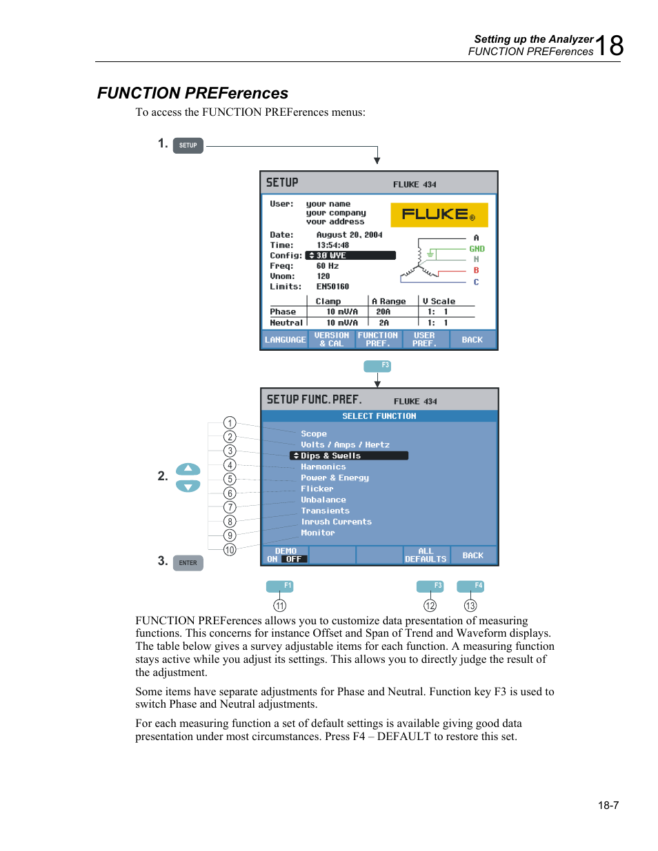 Function preferences | Fluke 434 User Manual | Page 85 / 122