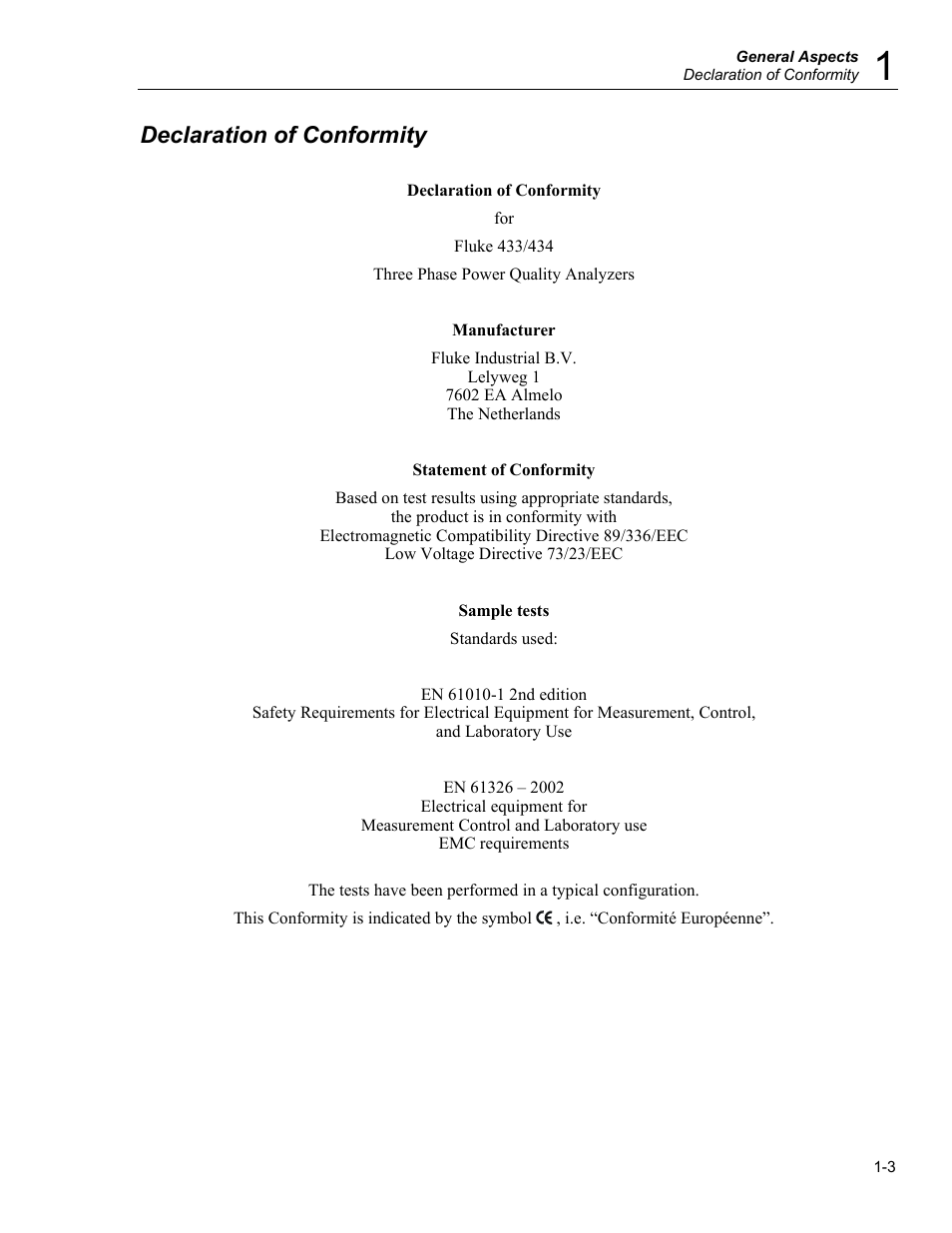 Declaration of conformity | Fluke 434 User Manual | Page 9 / 122