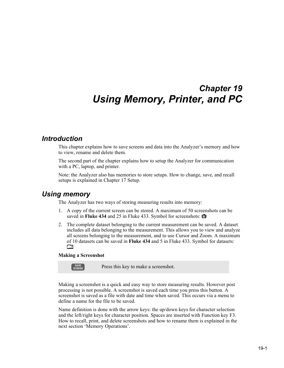 Using memory, printer, and pc, Chapter 19, Introduction | Fluke 434 User Manual | Page 95 / 122