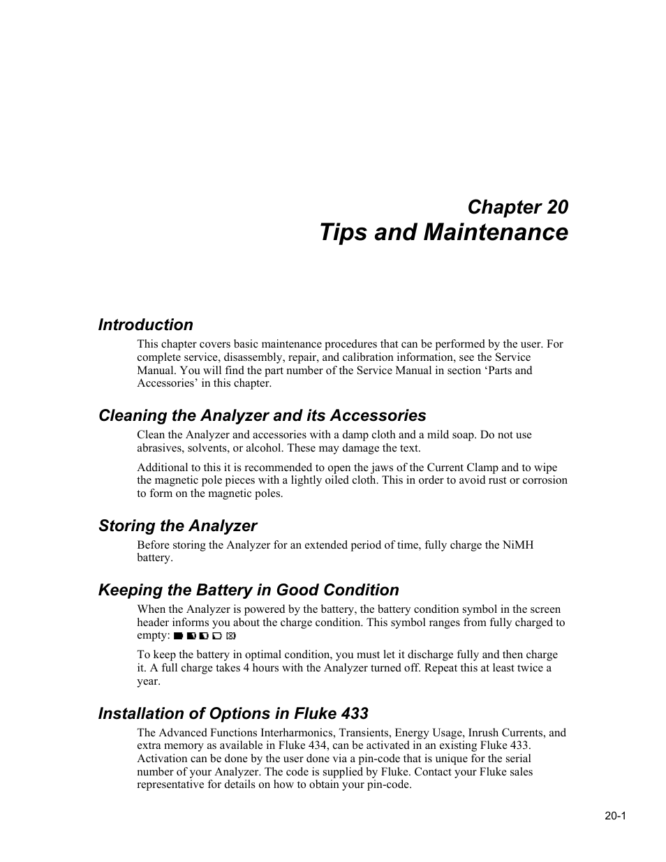 Tips and maintenance, Chapter 20, Introduction | Cleaning the analyzer and its accessories, Storing the analyzer, Keeping the battery in good condition, Installation of options in fluke 433 | Fluke 434 User Manual | Page 99 / 122