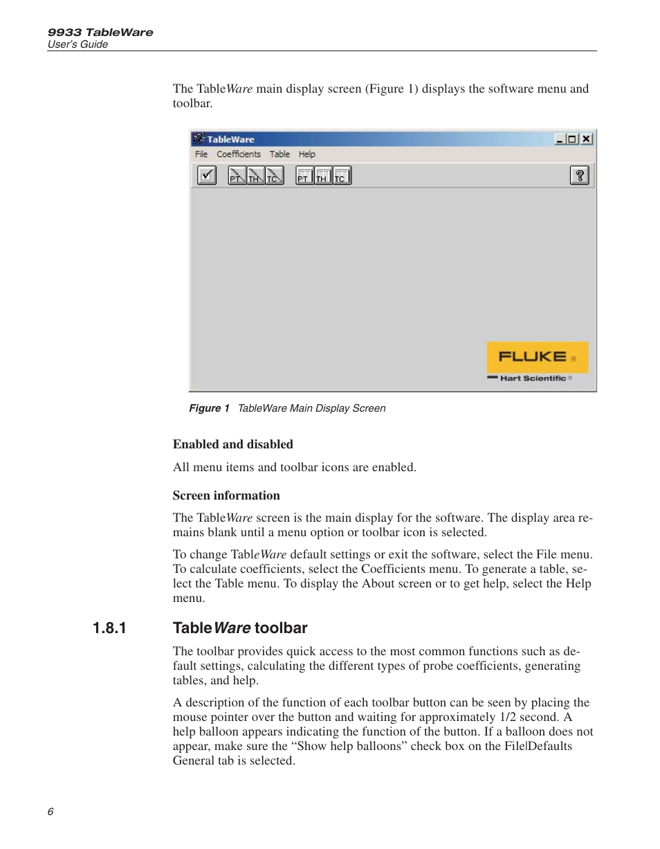 1 tableware toolbar 6, Figure 1 tableware main display screen 6, Table ware toolbar | Figure 1, Tableware main display screen, Ware, 1 table, Toolbar | Fluke 9933 User Manual | Page 11 / 64