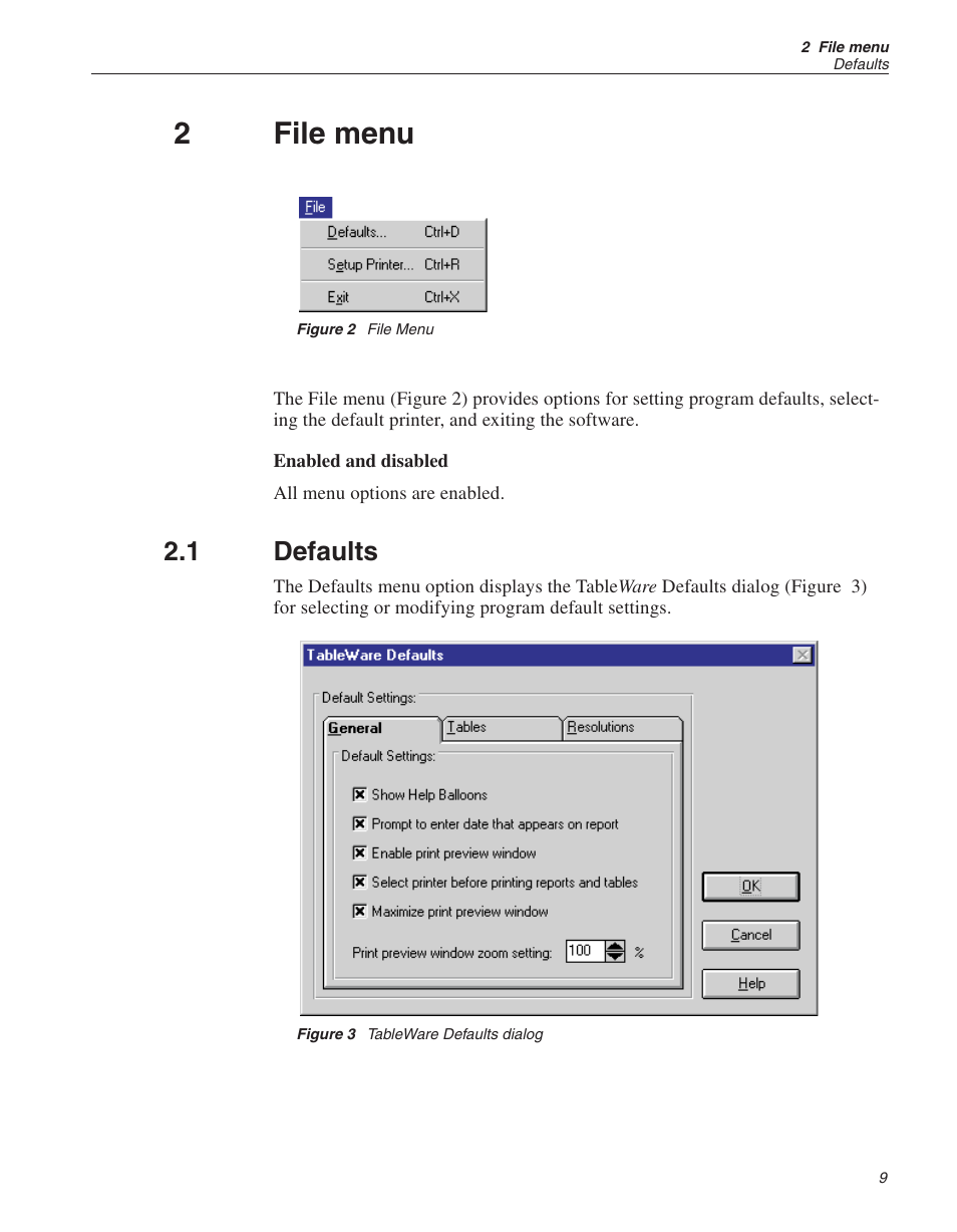 2 file menu 9, 1 defaults 9, Figure 2 file menu 9 | Figure 3 tableware defaults dialog 9, File menu, Defaults, Figure 2, Figure 3, Tableware defaults dialog, 2file menu | Fluke 9933 User Manual | Page 13 / 64