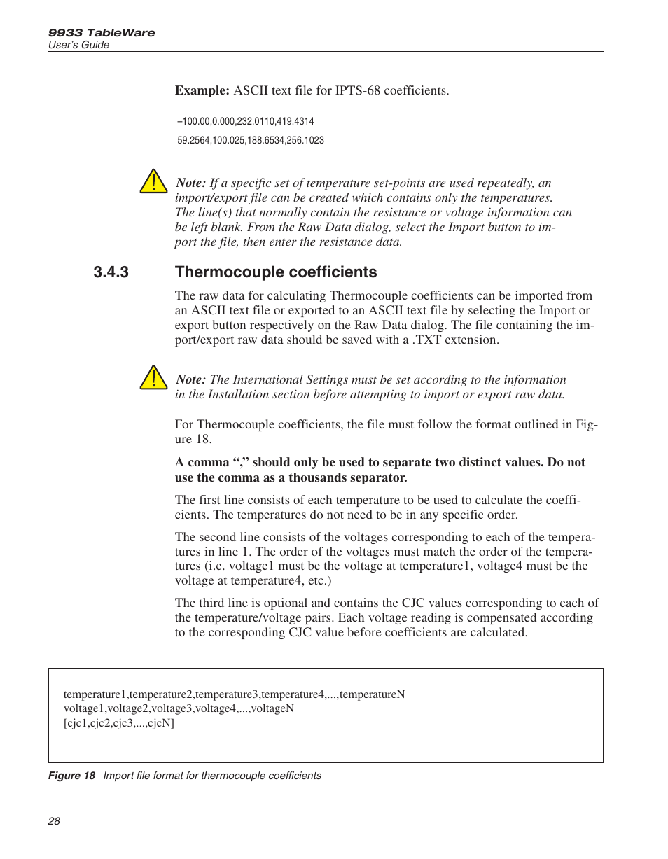 3 thermocouple coefficients 28, Thermocouple coefficients, Figure 18 | Import file format for thermocouple coefficients, 3 thermocouple coefficients | Fluke 9933 User Manual | Page 32 / 64