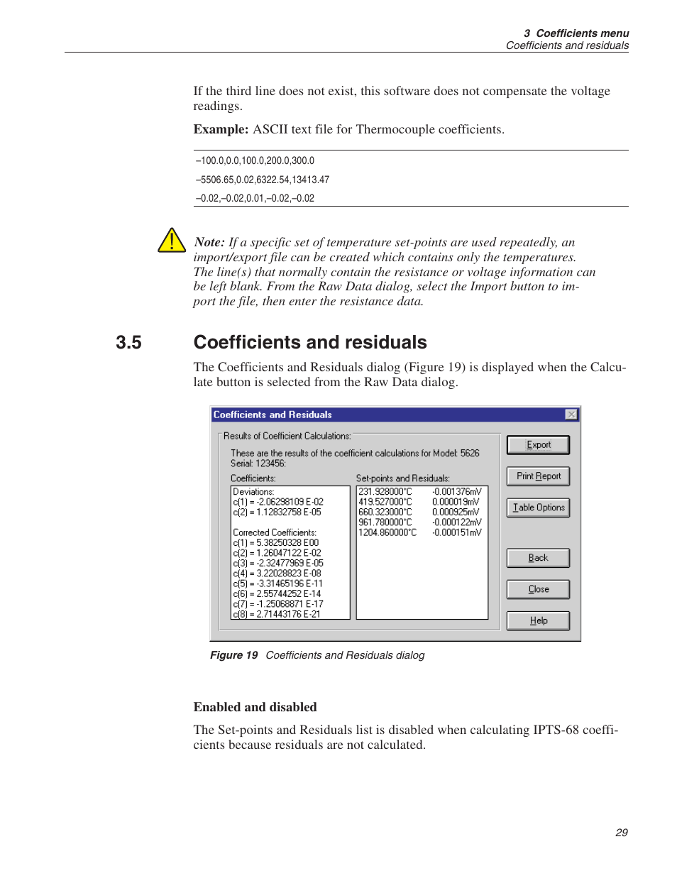 5 coefficients and residuals 29, Figure 19 coefficients and residuals dialog 29, Coefficients and residuals | Figure 19, Coefficients and residuals dialog, 5 coefficients and residuals | Fluke 9933 User Manual | Page 33 / 64