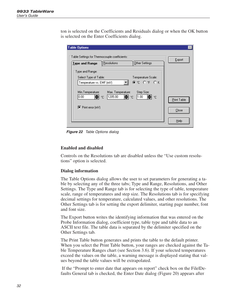 Figure 22 table options dialog 32, Figure 22, Table options dialog | Fluke 9933 User Manual | Page 36 / 64