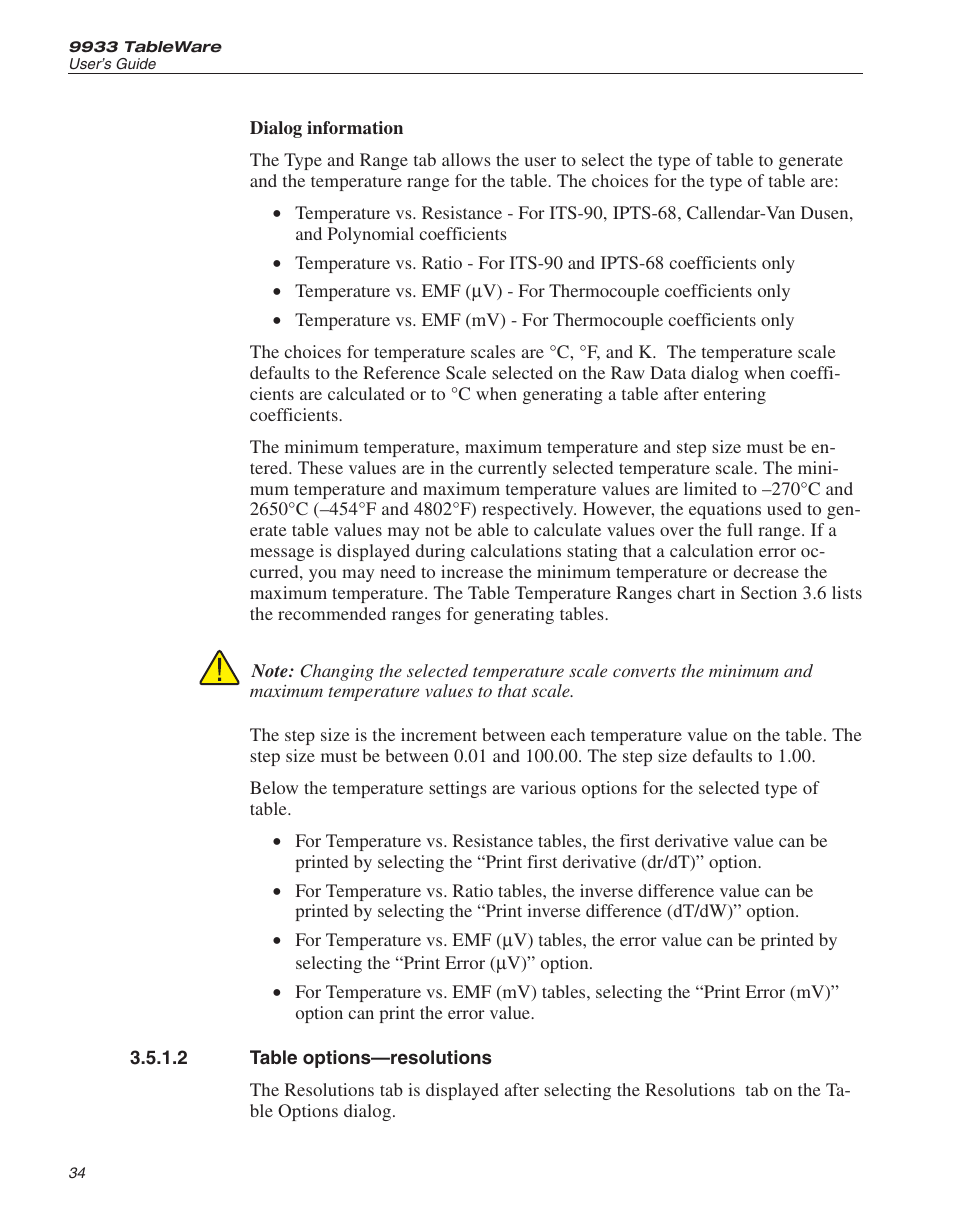 2 table options—resolutions 34, Table options—resolutions | Fluke 9933 User Manual | Page 38 / 64