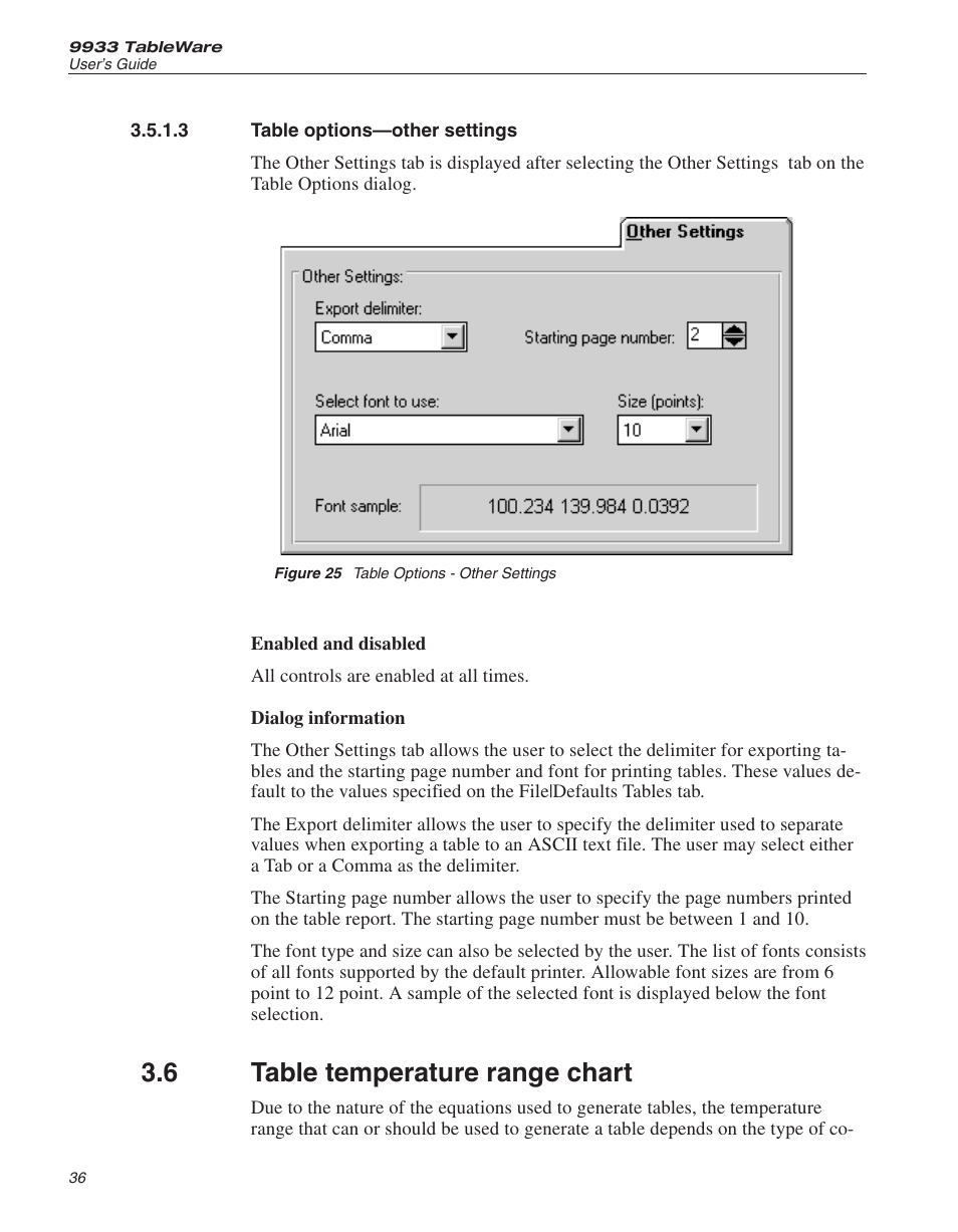 3 table options—other settings 36, 6 table temperature range chart 36, Figure 25 table options - other settings 36 | Table options—other settings, Table temperature range chart, Figure 25, Table options - other settings, 6 table temperature range chart | Fluke 9933 User Manual | Page 40 / 64