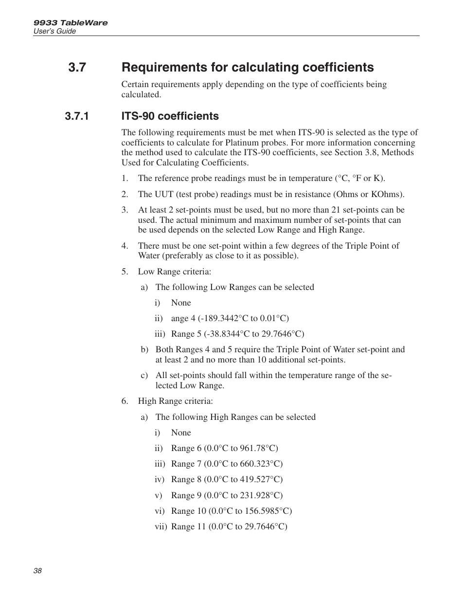 7 requirements for calculating coefficients 38, 1 its-90 coefficients 38, Requirements for calculating coefficients | Its-90 coefficients, 7 requirements for calculating coefficients, 1 its-90 coefficients | Fluke 9933 User Manual | Page 42 / 64