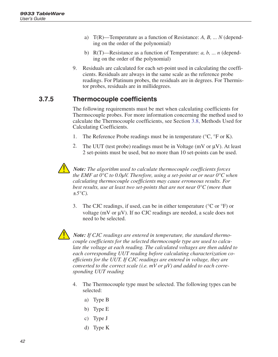 5 thermocouple coefficients 42, Thermocouple coefficients, 5 thermocouple coefficients | Fluke 9933 User Manual | Page 46 / 64