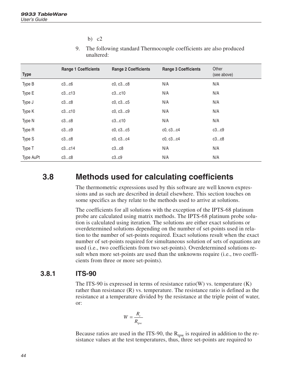 8 methods used for calculating coefficients 44, 1 its-90 44, Methods used for calculating coefficients | Its-90, 8 methods used for calculating coefficients, 1 its-90 | Fluke 9933 User Manual | Page 48 / 64