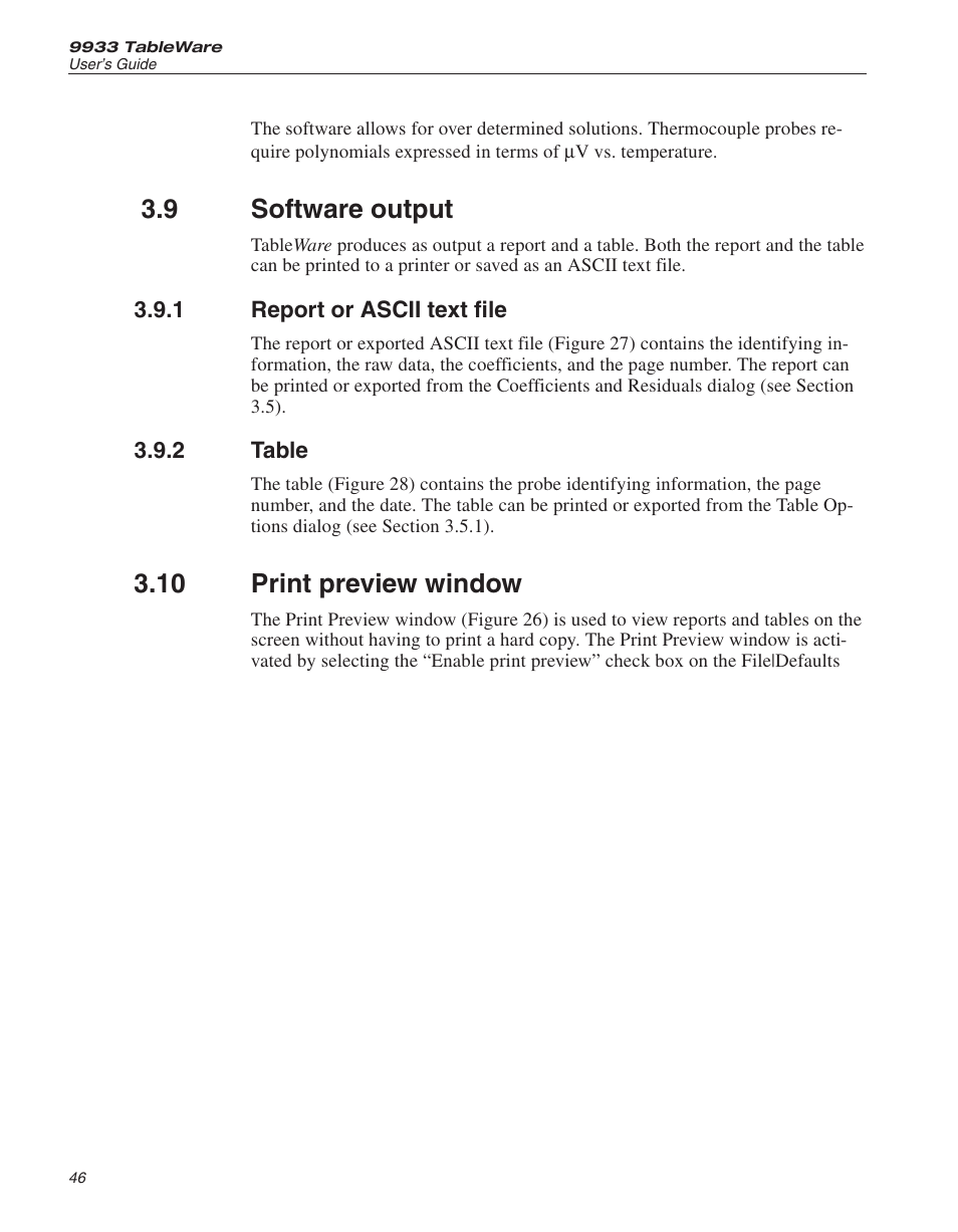 9 software output 46, 1 report or ascii text file 46, 2 table 46 | 10 print preview window 46, Software output, Report or ascii text file, Table, Print preview window, 9 software output, 10 print preview window | Fluke 9933 User Manual | Page 50 / 64