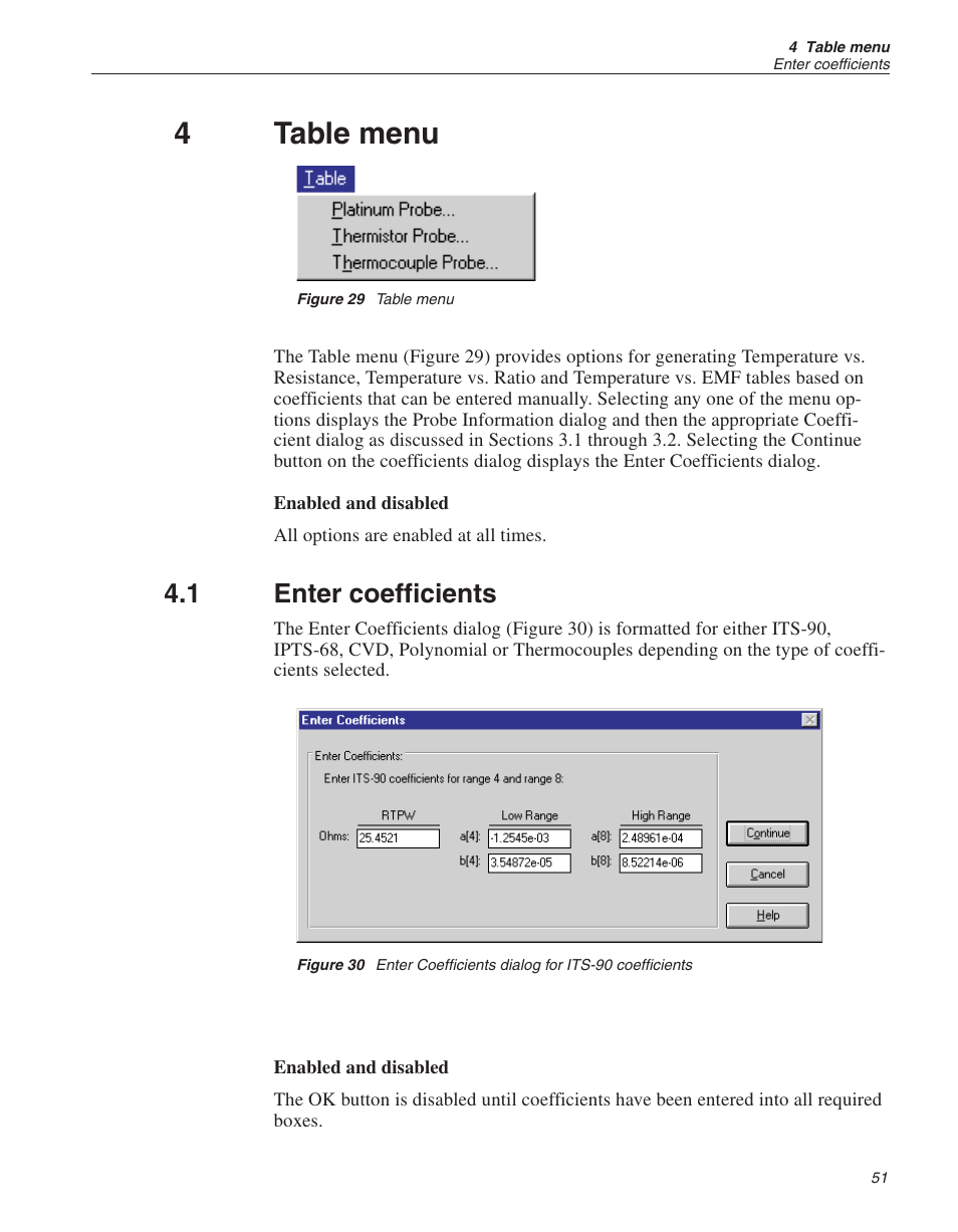 4 table menu 51, 1 enter coefficients 51, Figure 29 table menu 51 | Table menu, Enter coefficients, Figure 29, Figure 30, Enter coefficients dialog for its-90 coefficients, 4table menu, 1 enter coefficients | Fluke 9933 User Manual | Page 55 / 64