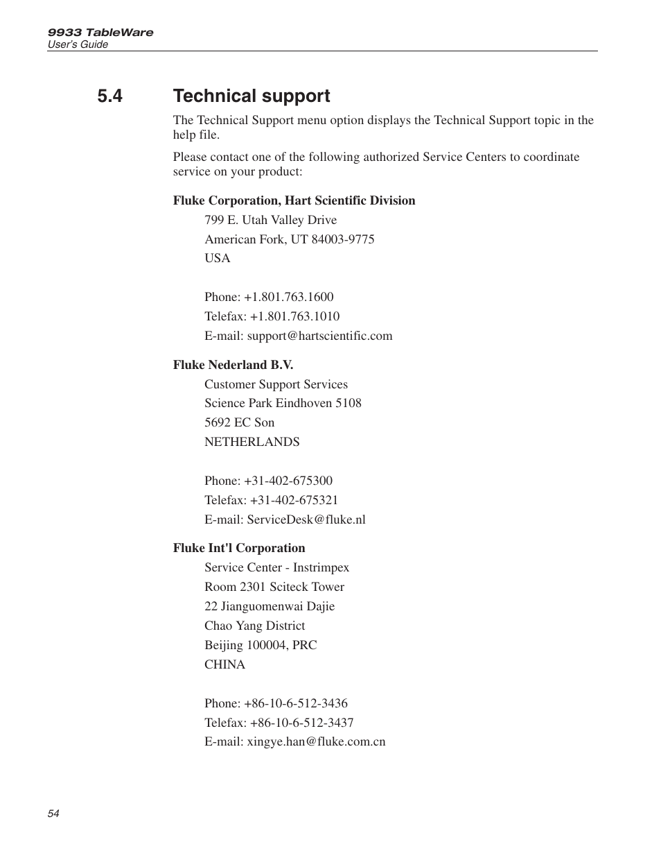 4 technical support 54, Technical support, 4 technical support | Fluke 9933 User Manual | Page 58 / 64