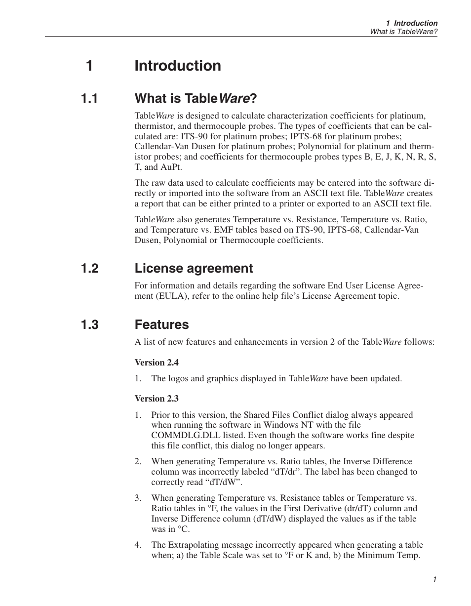 1 introduction 1, 1 what is tableware? 1, 2 license agreement 1 | 3 features 1, Introduction, What is table ware, License agreement, Features, 1introduction, Ware | Fluke 9933 User Manual | Page 6 / 64