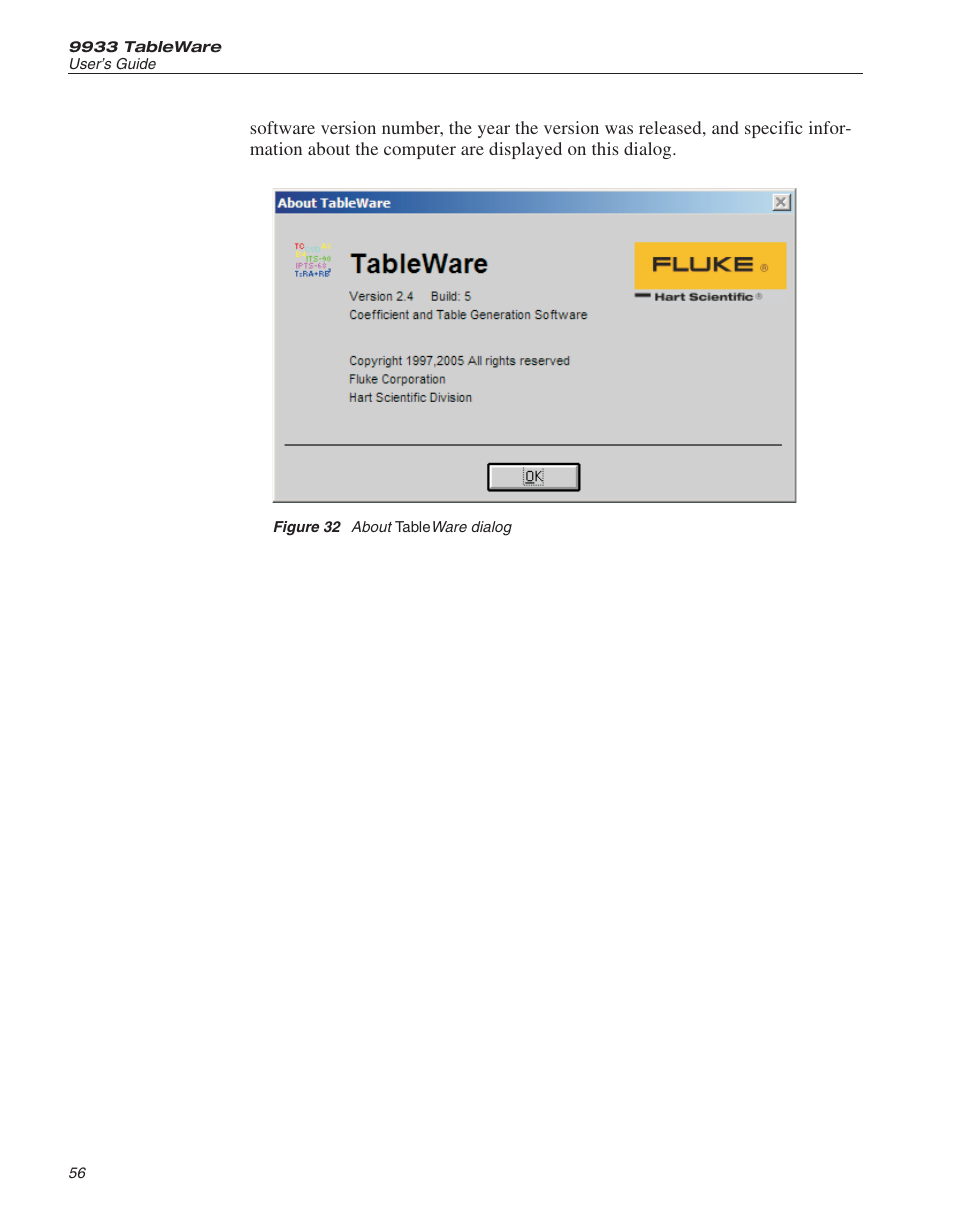 Figure 32 about tableware dialog 56, Figure 32, About tableware dialog | Fluke 9933 User Manual | Page 60 / 64