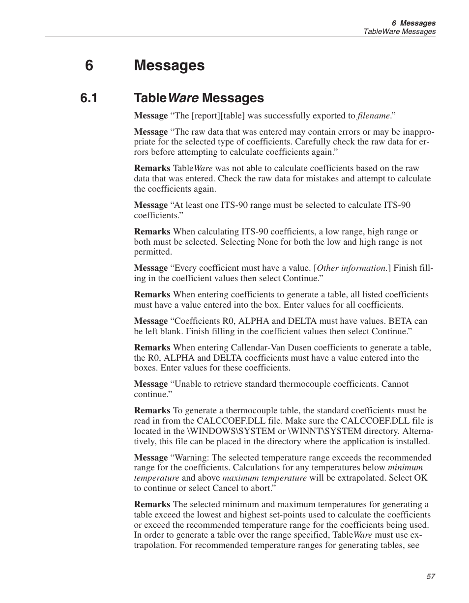 6 messages 57, 1 tableware messages 57, Messages | Table ware messages, 6messages, Ware, 1 table | Fluke 9933 User Manual | Page 61 / 64