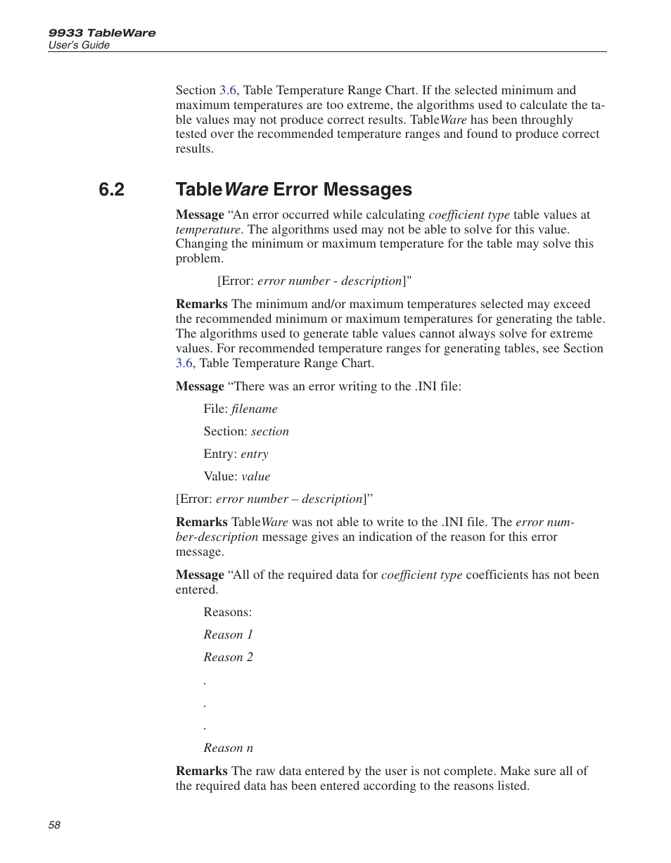 2 tableware error messages 58, Table ware error messages, Ware | 2 table, Error messages | Fluke 9933 User Manual | Page 62 / 64