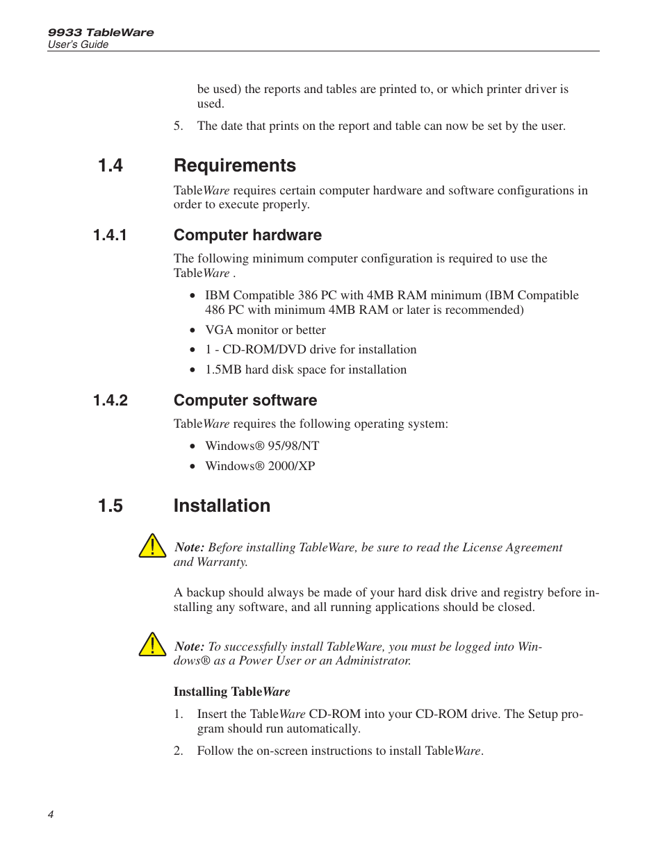 4 requirements 4, 1 computer hardware 4, 2 computer software 4 | 5 installation 4, Requirements, Computer hardware, Computer software, Installation, 4 requirements, 5 installation | Fluke 9933 User Manual | Page 9 / 64
