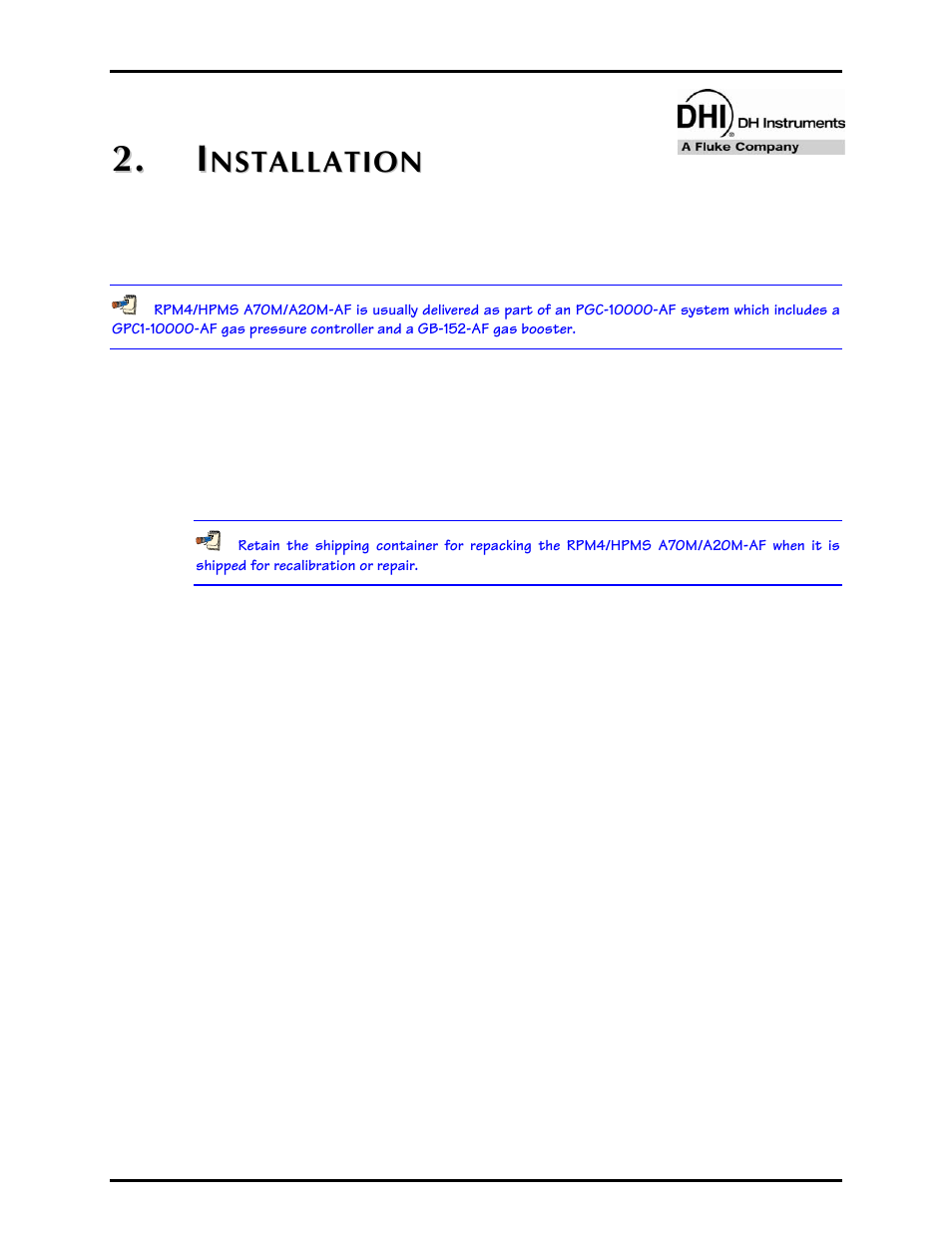 Installation, 1 unpacking and inspection, 1 removing from packaging | I n s t a l l a t i o n, Unpacking and inspection, Removing from packaging, . i i | Fluke HPMS User Manual | Page 15 / 148