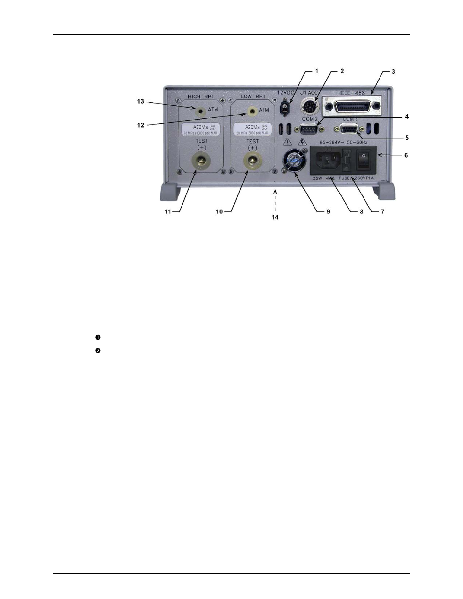 2 rpm4 rear panel, 4 power connection, 5 footswitch connection | 6 test port connection, Rpm4 rear panel, Power connection, Footswitch connection, Test port connection, Figure 6. rpm4 rear panel | Fluke HPMS User Manual | Page 21 / 148