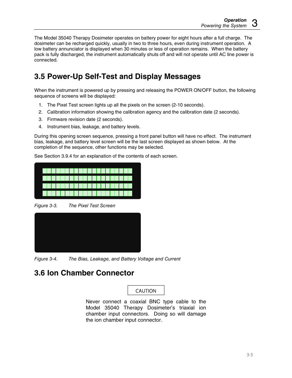 5 power-up self-test and display messages, 6 ion chamber connector | Fluke 35040 User Manual | Page 27 / 94