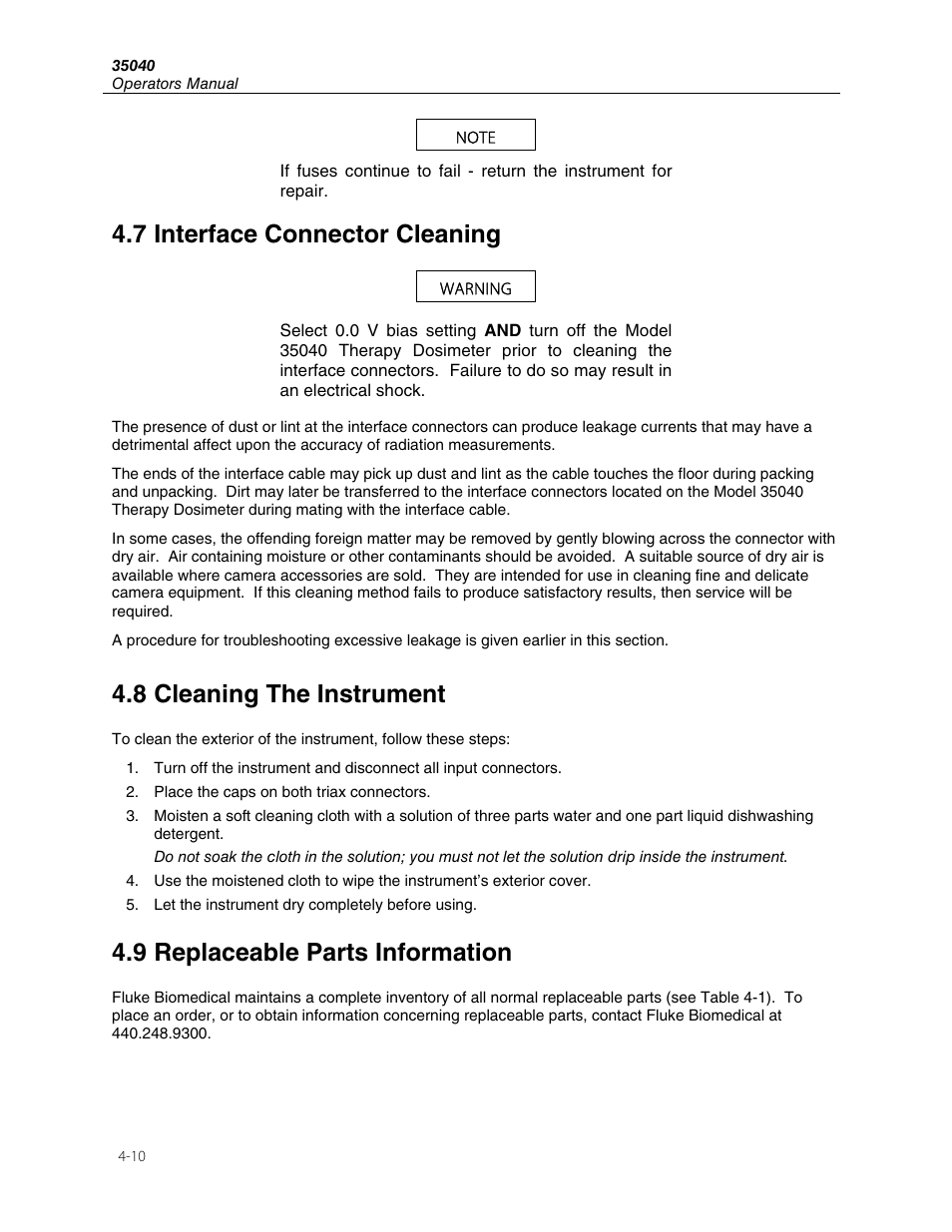 7 interface connector cleaning, 8 cleaning the instrument, 9 replaceable parts information | Fluke 35040 User Manual | Page 68 / 94
