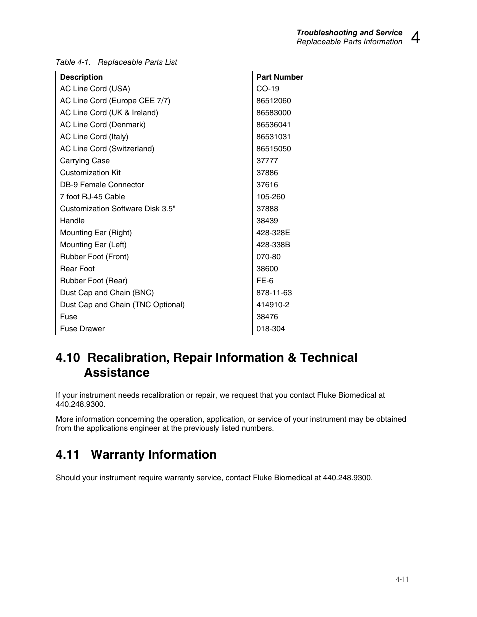 11 warranty information | Fluke 35040 User Manual | Page 69 / 94