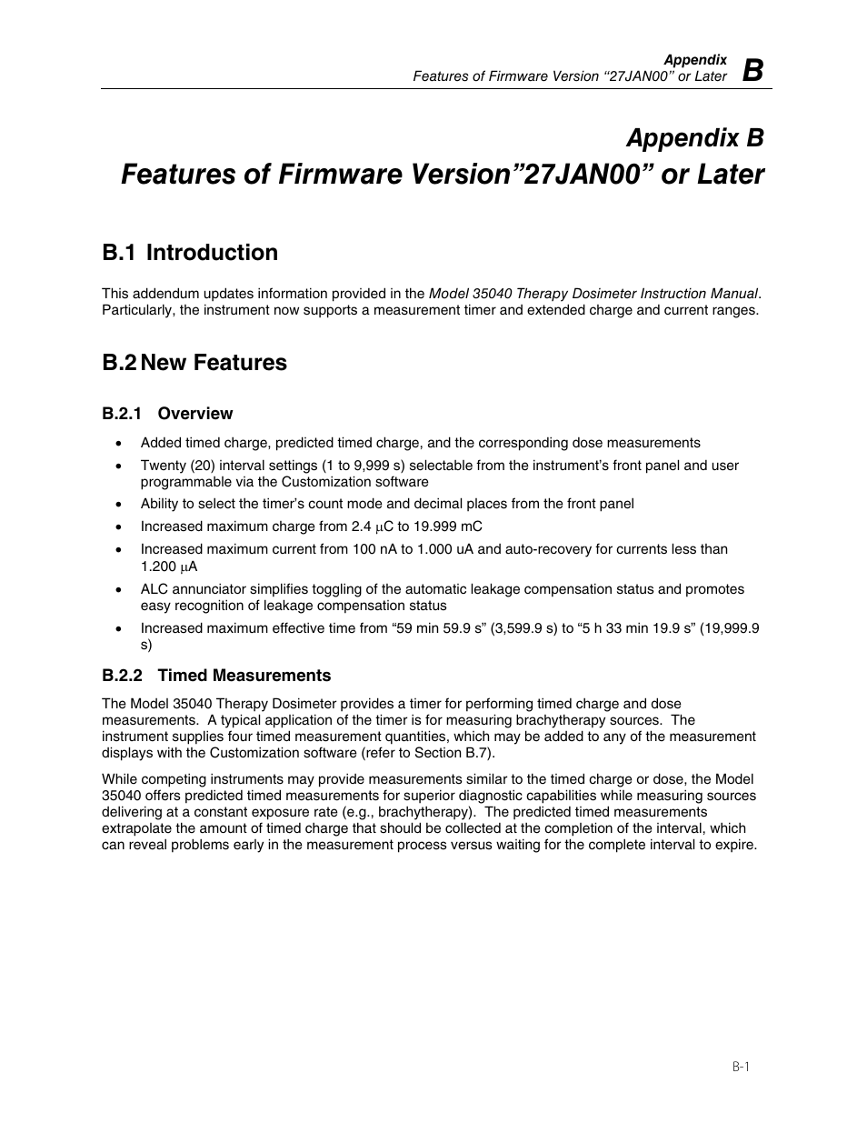 Features of firmware version”27jan00” or later, Appendix b, B.1 introduction | B.2 new features | Fluke 35040 User Manual | Page 77 / 94