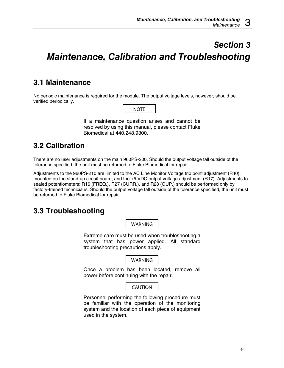 Maintenance, calibration and troubleshooting, 1 maintenance, 2 calibration | 3 troubleshooting | Fluke VICTOREEN 960PS-210 User Manual | Page 11 / 16
