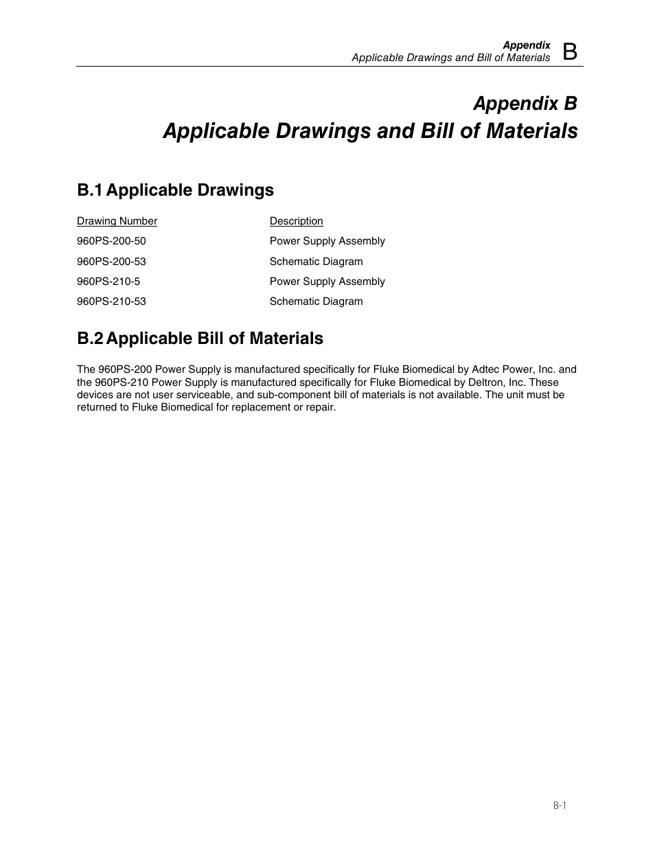 Applicable drawings and bill of materials, Appendix b, B.1 applicable drawings | B.2 applicable bill of materials | Fluke VICTOREEN 960PS-210 User Manual | Page 15 / 16