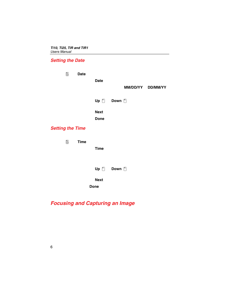 Setting the date, Setting the time, Focusing and capturing an image | Fluke Thermal Imagers Ti10 User Manual | Page 12 / 24