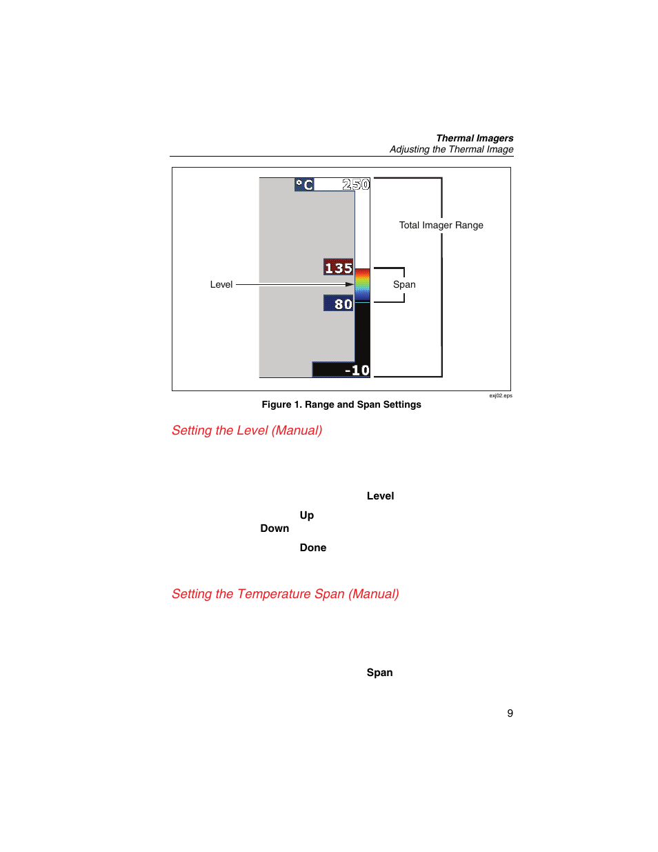 Setting the level (manual), Setting the temperature span (manual) | Fluke Thermal Imagers Ti10 User Manual | Page 15 / 24