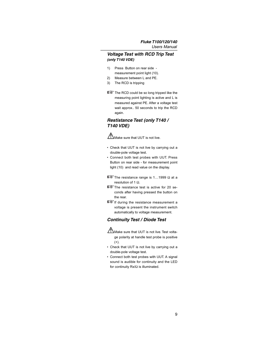 Voltage test with rcd trip test, Continuity test / diode test | Fluke Fiber Viewer FT140 User Manual | Page 9 / 14