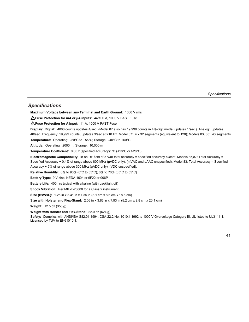 Specifications | Fluke 87 III User Manual | Page 49 / 58