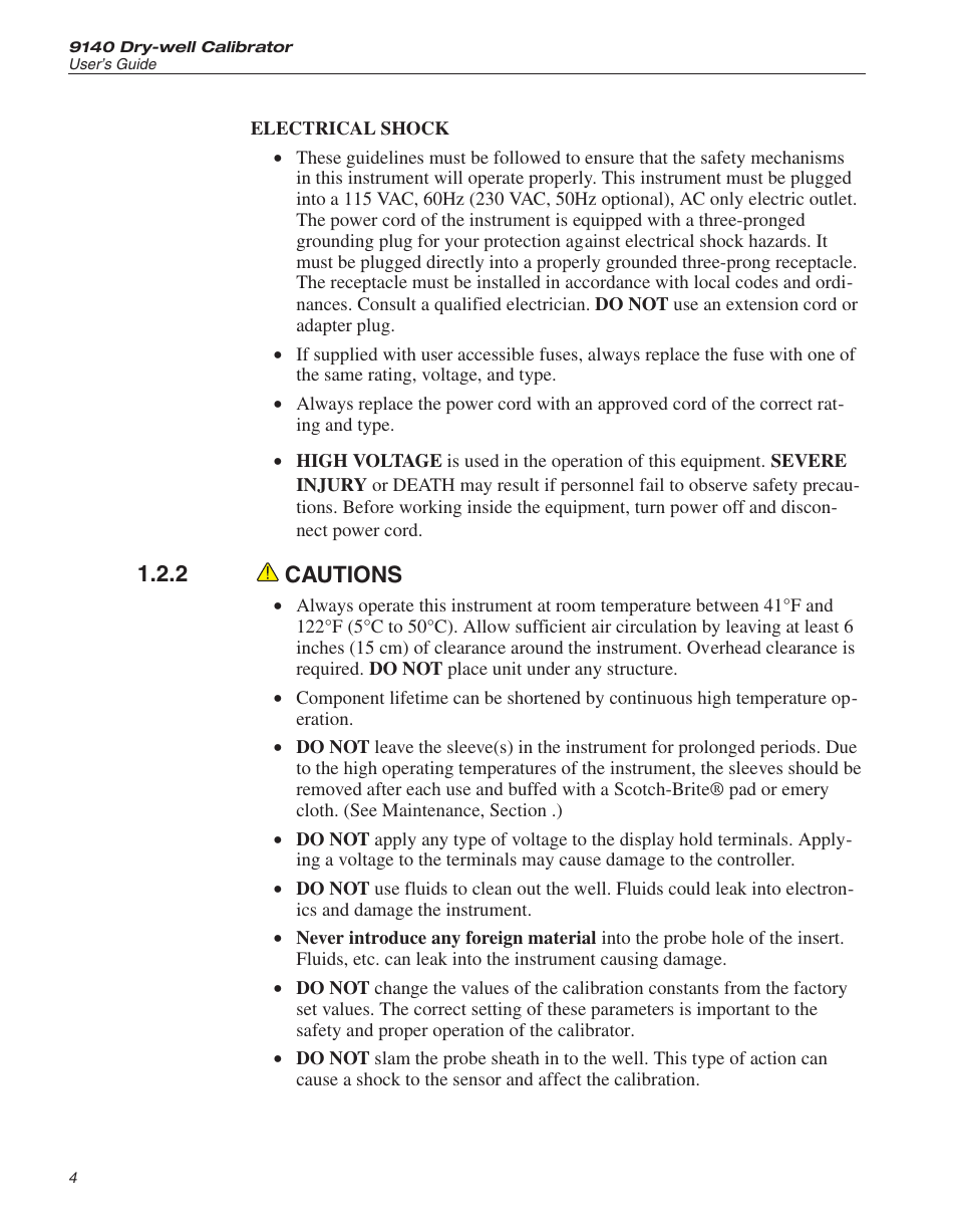 2 cautions 4, Cautions, 2 cautions | Fluke 9140 Dry-well Calibrator User Manual | Page 11 / 52