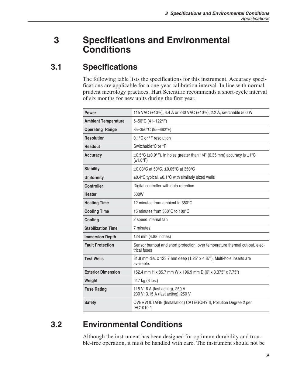 3 specifications and environmental conditions 9, 1 specifications 9, 2 environmental conditions 9 | 3 specifications and environmental conditions, Specifications, Environmental conditions, 3specifications and environmental conditions, 1 specifications, 2 environmental conditions | Fluke 9140 Dry-well Calibrator User Manual | Page 15 / 52