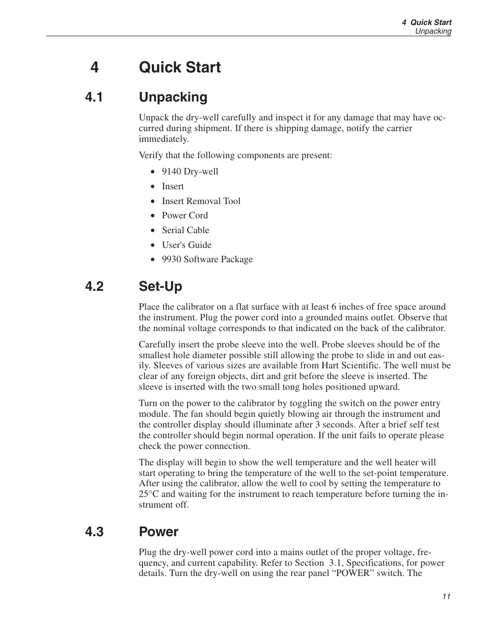 4 quick start 11, 1 unpacking 11, 2 set-up 11 | 3 power 11, 4 quick start, Unpacking, Set-up, Power, 4quick start, 1 unpacking | Fluke 9140 Dry-well Calibrator User Manual | Page 17 / 52