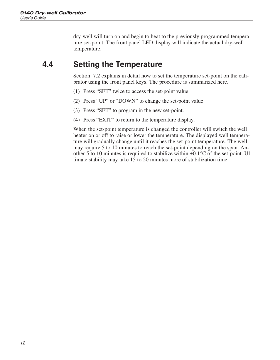 4 setting the temperature 12, Setting the temperature, 4 setting the temperature | Fluke 9140 Dry-well Calibrator User Manual | Page 18 / 52