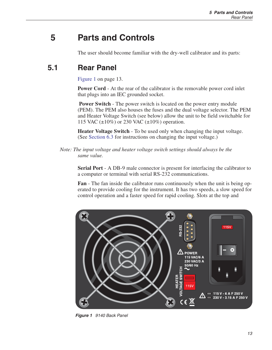 5 parts and controls 13, 1 rear panel 13, Figure 1 9140 back panel 13 | 5 parts and controls, Rear panel, Figure 1, 9140 back panel, 5parts and controls, 1 rear panel | Fluke 9140 Dry-well Calibrator User Manual | Page 19 / 52