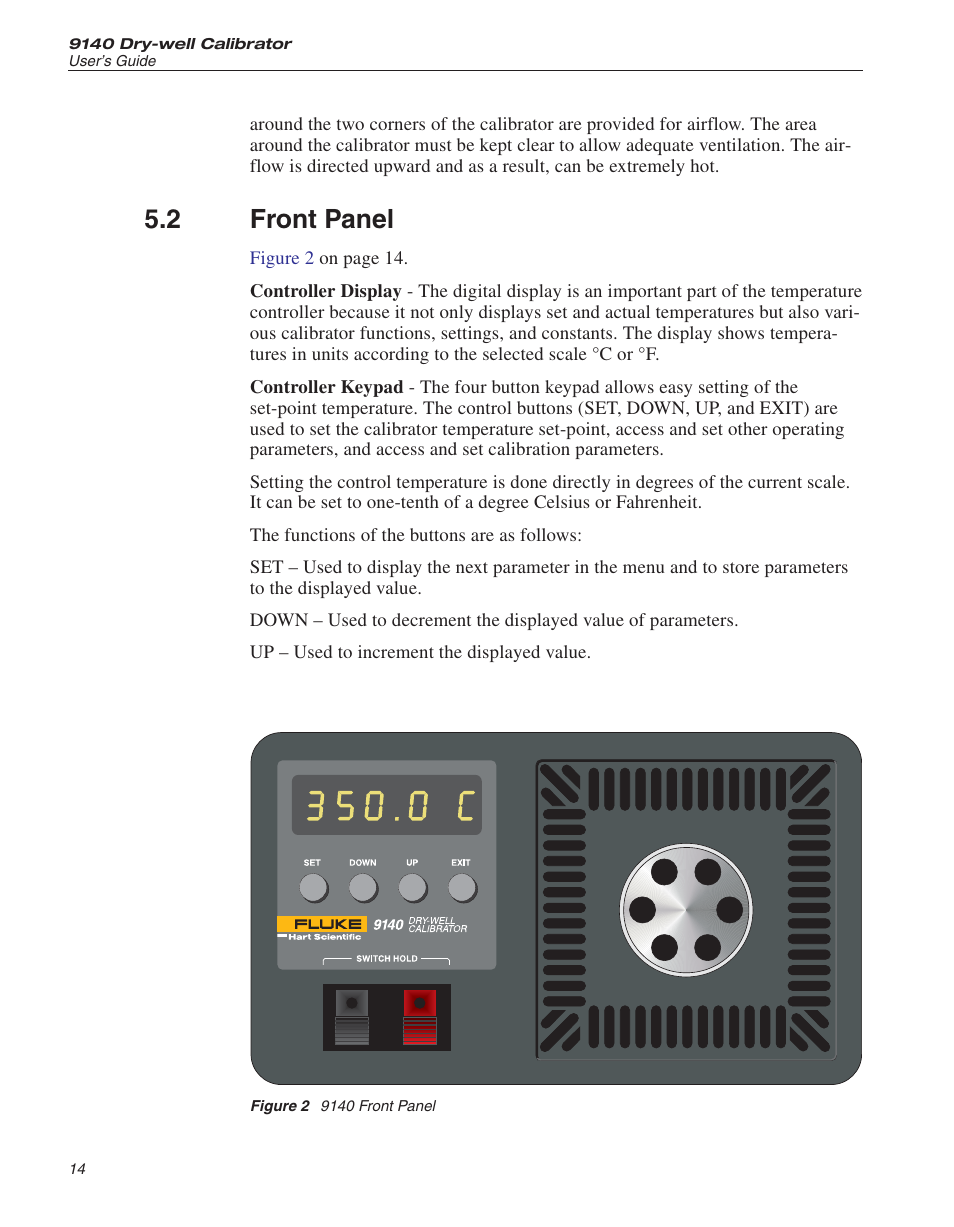2 front panel 14, Figure 2 9140 front panel 14, Front panel | Figure 2, 9140 front panel, 2 front panel | Fluke 9140 Dry-well Calibrator User Manual | Page 20 / 52