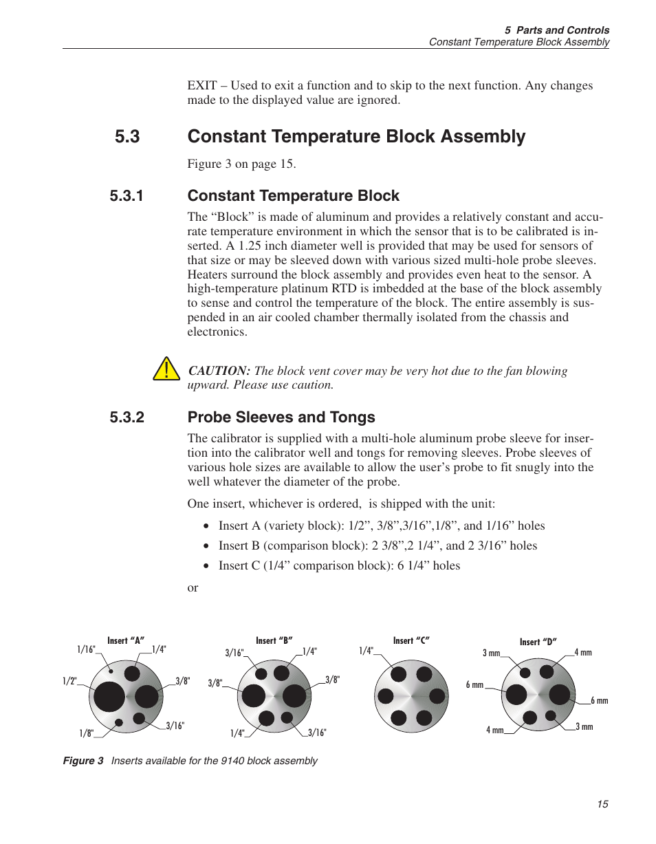 3 constant temperature block assembly 15, 1 constant temperature block 15, 2 probe sleeves and tongs 15 | Constant temperature block assembly, Constant temperature block, Probe sleeves and tongs, Figure 3, Inserts available for the 9140 block assembly, 3 constant temperature block assembly, 1 constant temperature block | Fluke 9140 Dry-well Calibrator User Manual | Page 21 / 52