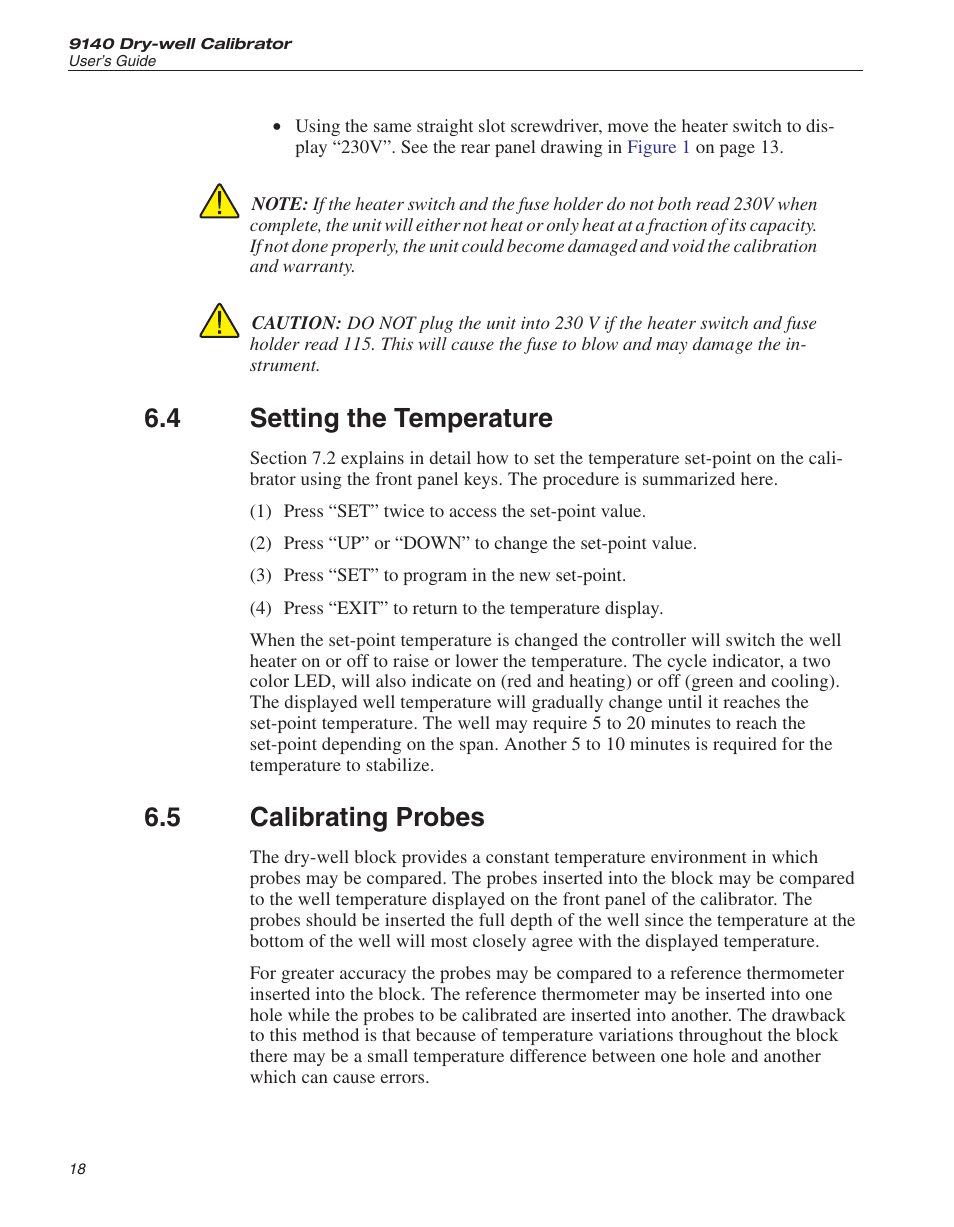 4 setting the temperature 18, 5 calibrating probes 18, Setting the temperature | Calibrating probes, 4 setting the temperature, 5 calibrating probes | Fluke 9140 Dry-well Calibrator User Manual | Page 24 / 52