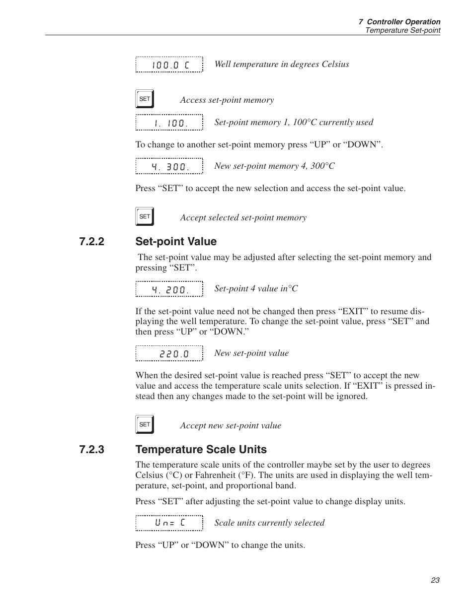 2 set-point value 23, 3 temperature scale units 23, Set-point value | Temperature scale units | Fluke 9140 Dry-well Calibrator User Manual | Page 28 / 52