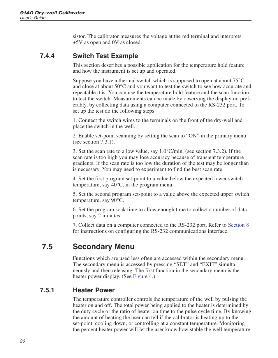4 switch test example 26, 5 secondary menu 26, 1 heater power 26 | Switch test example, Secondary menu, Heater power, 5 secondary menu | Fluke 9140 Dry-well Calibrator User Manual | Page 31 / 52