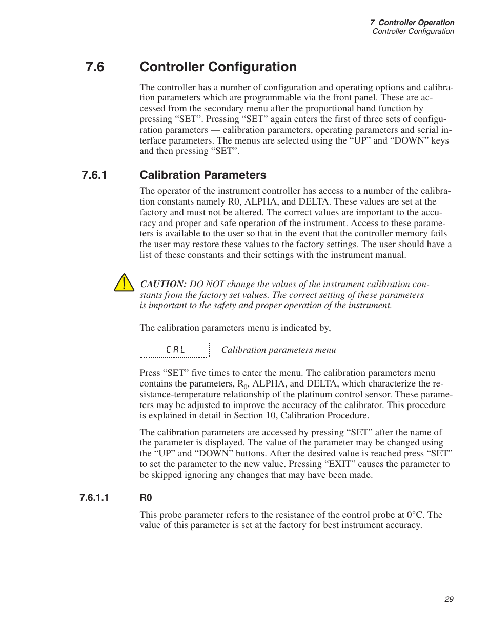 6 controller configuration 29, 1 calibration parameters 29, 1 r0 29 | Controller configuration, Calibration parameters, 6 controller configuration | Fluke 9140 Dry-well Calibrator User Manual | Page 34 / 52