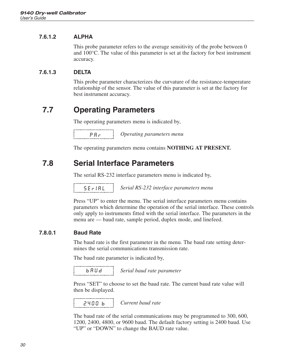 2 alpha 30, 3 delta 30, 7 operating parameters 30 | 8 serial interface parameters 30, 1 baud rate 30, Alpha, Delta, Operating parameters, Serial interface parameters, Baud rate | Fluke 9140 Dry-well Calibrator User Manual | Page 35 / 52