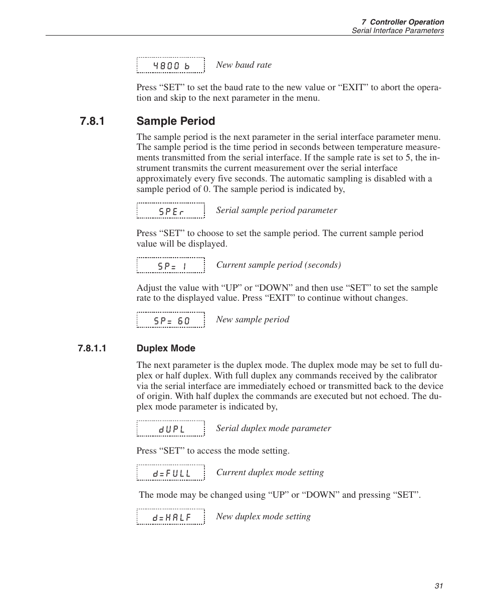 1 sample period 31, 1 duplex mode 31, Sample period | Duplex mode | Fluke 9140 Dry-well Calibrator User Manual | Page 36 / 52