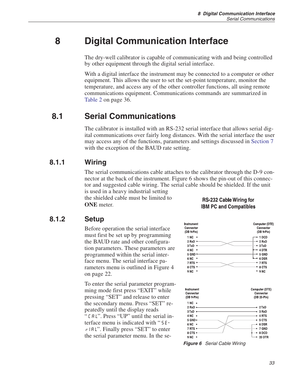 8 digital communication interface 33, 1 serial communications 33, 1 wiring 33 | 2 setup 33, Figure 6 serial cable wiring 33, 8 digital communication interface, Serial communications, Wiring, Setup, Figure 6 | Fluke 9140 Dry-well Calibrator User Manual | Page 38 / 52